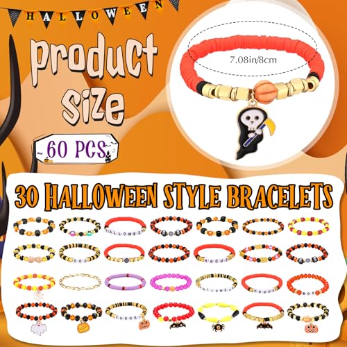 60 Pcs Halloween Bracelets Bulk Beaded Stretch Bracelets with Pumpkin Spider Ghost Witch Web Charms Elastic Layering Halloween Jewelry Stackable Bracelet for Party Jewelry Gifts2