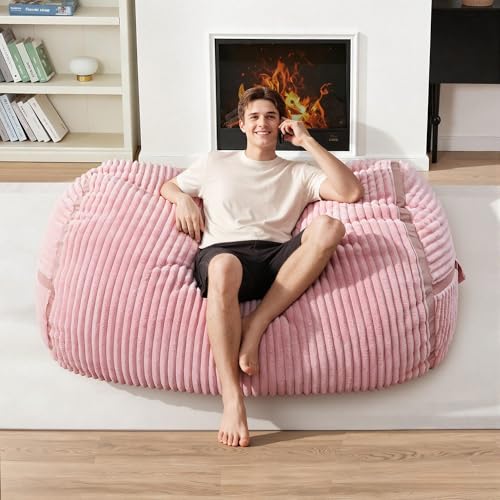 Image of 4FT Bean Bag Chair 4'Big Bean Bag Chairs with Adults, Large Beanbag Chair | Bean bag Lounger with Machine Washable Cover Corded Plush Fabric, Comfy Chairs for Living Room Bedroom Dorm, Pink
