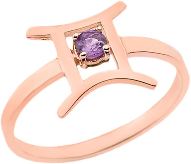 CaliRoseJewelry 14k Rose Gold Gemini Zodiac Ring for Women with June Birthstone (Size 7.75