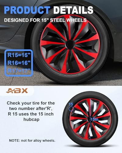Image of ABX Hubcaps,15 inch hubcaps Set of 4, Wheel Rim Cover ABS Material, Snap On Car Truck SUV Replacement, for Toyota Camry Nissan Mazda etc, Black & Red