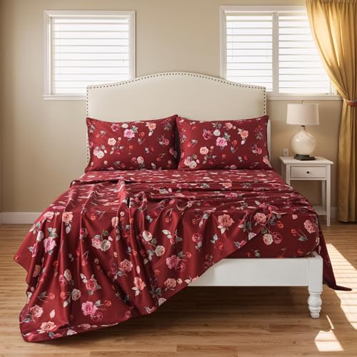 FADFAY Red Rose Sheets Twin XL Vintage Rose Floral Bedding Chic Rose Flower Sheets Shabby Farmhouse Bedding 100% Egyptian Cotton 800 Thread Count Deep Pocket Fitted Sheet 4Pcs, Twin XL for Dorm Room
