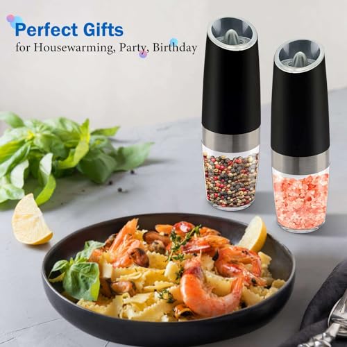 (2pc) Gravity Electric Salt and Pepper Grinder Set with Adjustable Coarseness, Stainless Steel Blades, and Glass Body for Seasoning, Cooking, and Herbs, Black