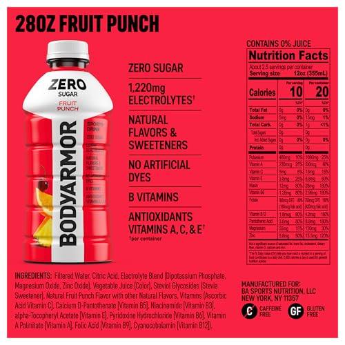 BODYARMOR ZERO Sugar Electrolyte Drink, Fruit Punch, 28 Oz (15 Pk) - image 2