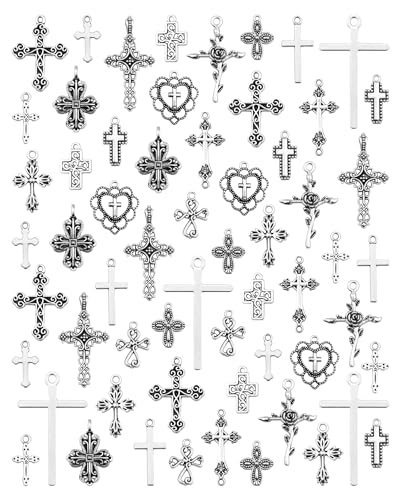YETOOME 60 Pcs Antique Silver Cross Charms, Alloy Crucifix Pendant