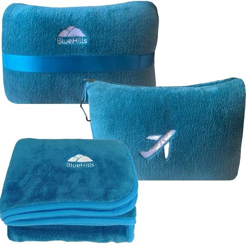 Image of BlueHills Travel Blanket Pillow in Mini Soft Case Premium Plush Airplane Blanket in Soft Bag Compact Pack with Luggage Belt and Backpack Clip Airline Car 2 in 1 Traveler Essentials - Teal Blue M03