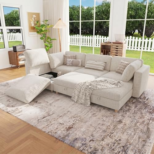 Image of 99 inch Modular Sectional Sleeper Sofa, 6 Seaters Chenille Modular Sectional Sofas, Sleeper Sofa Bed with Storage & Ottoman, Sleeper Couch with Removable Covers, Beige Sectional Couches for Living Room
