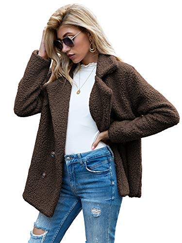 Women Fleece Coats Casual Wool Warm Autumn Winter Jacket Buttons Long Sleeve Fashion Outerwear with Pocket (Coffee, M)