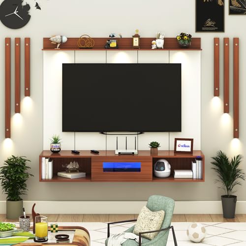 Image of Anikaa NovusPro Engineered Wood Wall Mount TV Unit with PVC Back Panel, Acrylic Blue LED Storage Box, Side Wooden Accent Spot Light Panels I Deal for Up to 50 Inch TV (Walnut - DIY Installation)