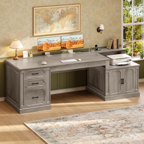 Image of SEDETA Farmhouse 70.9 inch Executive Desk, Home Office Desk with File Drawers and Storage Cabinet, Computer Desk with Power Outlet for Home Office, Work Study Writing, Gray