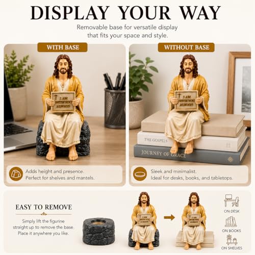 Image of Jesus Christ Statue, Handcrafted & Hand-Painted Resin Figurine with I Am with You Always Plaque, Christian Home Decor, Christian Gift for Home, Office & Prayer Room