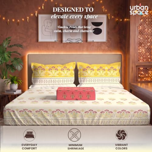 Image of Urban Space Festive Gifting Set- 100% Cotton Bedsheet for Double Bed, Floral Bed Sheet with 2 Pillow Covers Gift Set in Gift Box, 88 inch x 100 inch, Malhaar Mustard | Diwali, Festive & Housewarming Gift