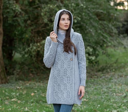 SAOL 100% Merino Wool Women Cardigan Butonned with Hood Aran Leaf Coat Made in Ireland4