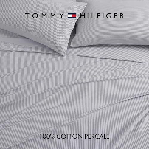 Image of Tommy Hilfiger - Full Size Sheets Set, Crisp & Tailored Cooling Sheets w /a Naturally Smooth Cotton Percale Lightweight Feel - Bed Sheets w /Matching Pillowcases & Fitted Sheet (Ithaca Stripe Blue)