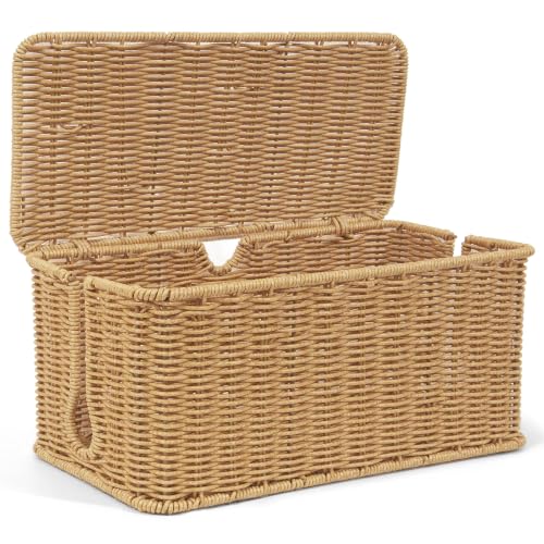 Image of ZhiYo Rattan Cable Management Box, Brown Cord Organizer, 13.5 inch x 6.2 inch x 6 inch | Handwoven imitation rattan cord hider box conceals power strips and cables for a clean desk or floor setup