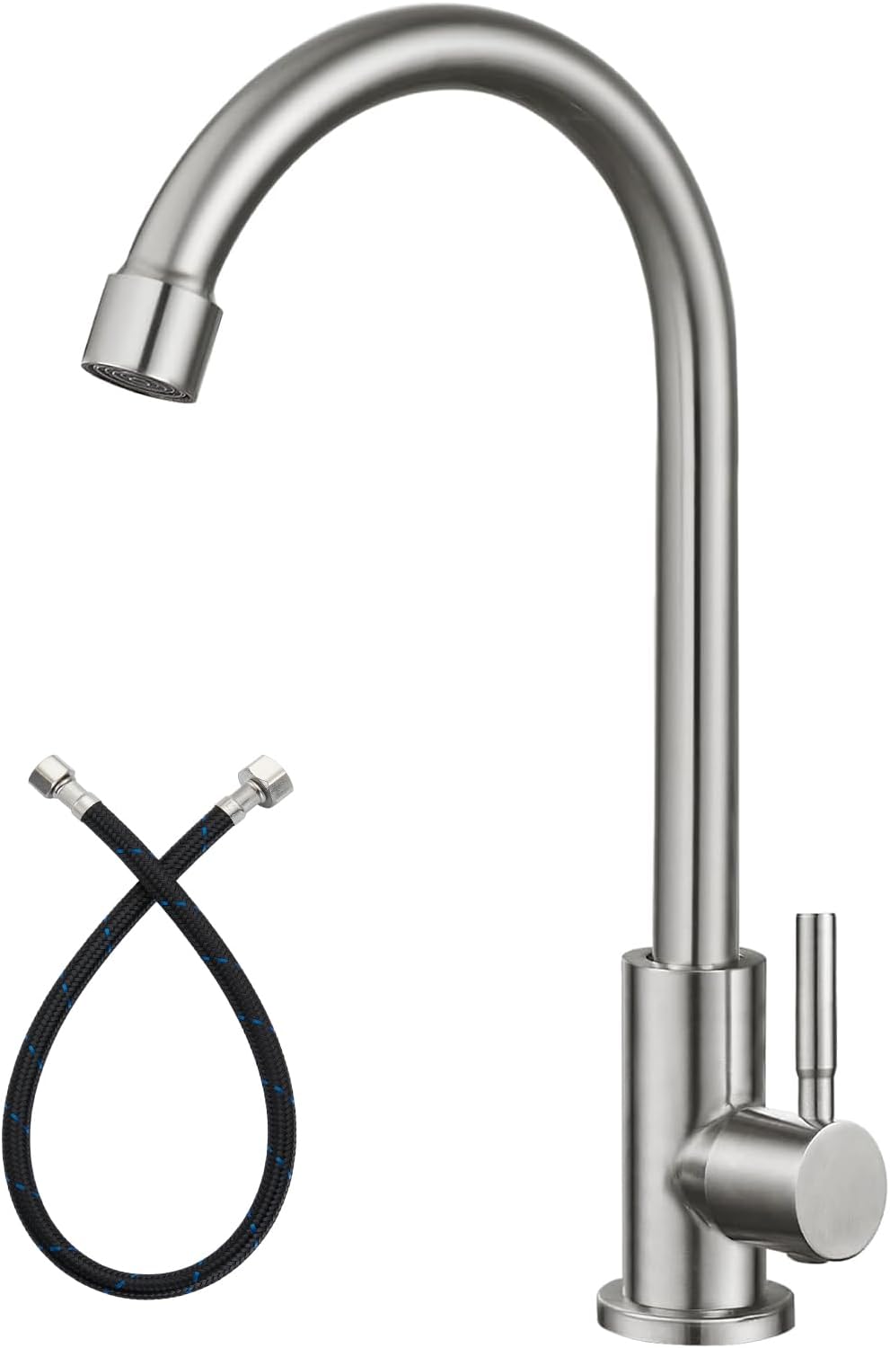 Brushed Nickel Kitchen Faucet Cold Water Only 1 Hole Single Handle 360 Degree Swivel Spout Deck Mount High Arc SUS304 Stainless Steel Sink Bar Tap Goose Neck with Hose(Drain Not Included)