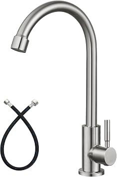 Heyalan Cold Water Only Kitchen Faucet SUS304 Sink Faucets High Arc Gooseneck 360 Degree Rotation Spout Basin Tap with Longer Thread Pipee,Brushed Nickel