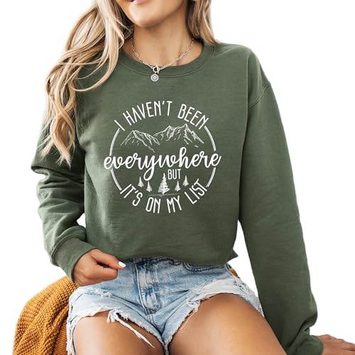 I haven't been everywhere but it's on my list Mountain traveling Camping Hiking Men Women's Long Sleeve Crewneck Sweatshirt flower Print Graphic Shirts Pullover Tops