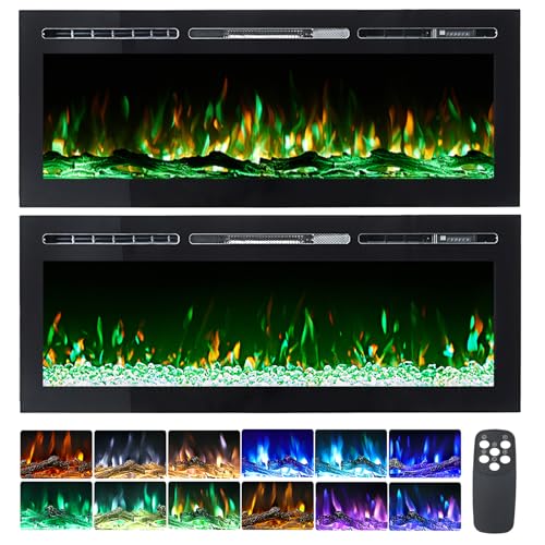 WarmieHomy Electric Fire 152cm/60in with Large Flame Display Screen, Recessed/Wall Mounted Electric Fireplace, Media Wall Fire with Remote Control, 12 Flame Colors, 900W&1800W, Crystal & Log Set