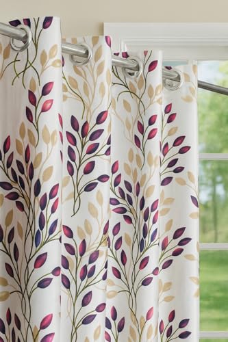 Image of DEVSANG Polyester 2 Print and 1 Plain Curtains Set of 3, Purple&White 8 Feet
