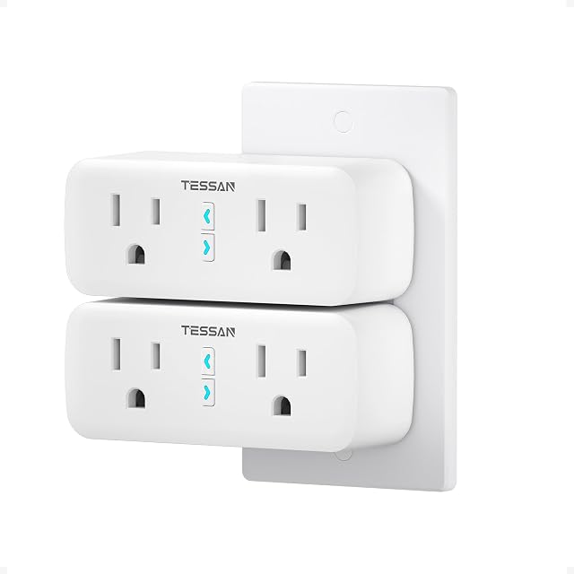 TESSAN 2 Pack Smart Plug, WiFi Smart Outlet avec double sockets, compatible avec Alexa et Google Home, télécommande avec fonction minuterie, commande vocale, protection contre les surpressions, 2.4GHz WiFi Seulement
