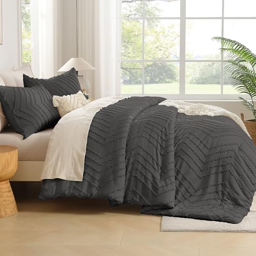 Andency Dark Grey Oversized King Comforter Set 120x98, Boho Oversize King Soft Warm Tufted Bedding Comforter Sets, 3 Pieces Aesthetic Chevron Farmhouse Cute Bohemian Textured Bedding Set by Andency - Image 7