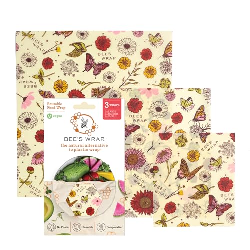 Bee's Wrap Vegan Beeswax Wraps for Food - Vegan Meadow Magic 3 Pa...