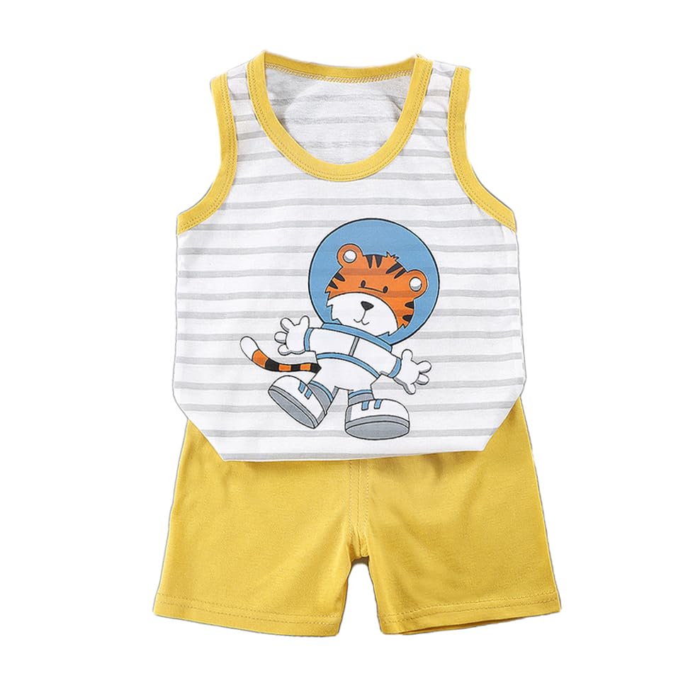 Bold N ElegantCotton Cute Monkey Tiger Cartoon Printed Sleeveless Vest T-Shirt Shorts Knicker Half Pant Clothing Set For Infant Toddler Baby Boy's