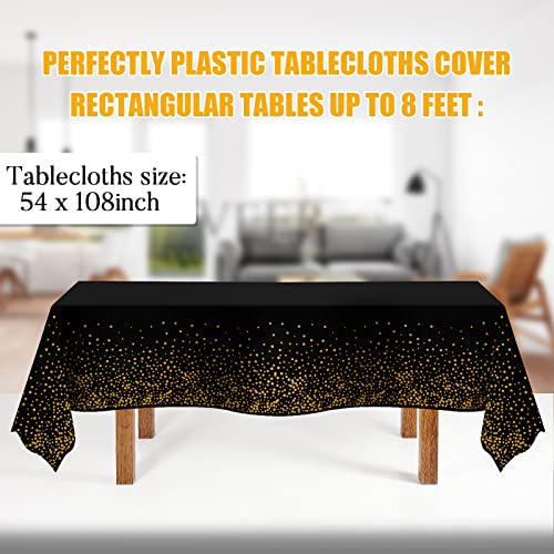 Image of Tablecloths for Rectangle Tables, 3 Pack 54 inch x 108 inch Plastic Table Cloth Disposable Table Covers Engagement Party Decorations, Black Gold Dot Tablecloths Disposable Tablecloth for Weddings Buffet Table