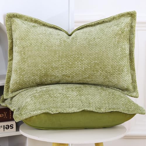 Image of MADIZZ Decorative Chenille Velvet Throw Pillow Covers Set of 2 Soft Boho Textured Neutral Couch Throw Pillow for Bed Modern Farmhouse Home Decor for Sofa Livingroom Light Green 12x20 Inch