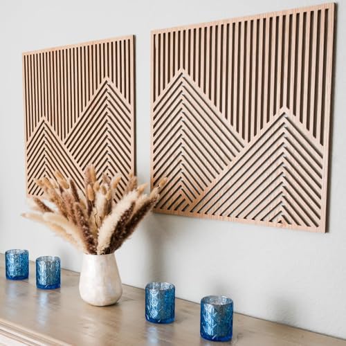 SnugLife 2 Pcs Wood Mountain Wall Art - Modern Wooden Panel Mount...
