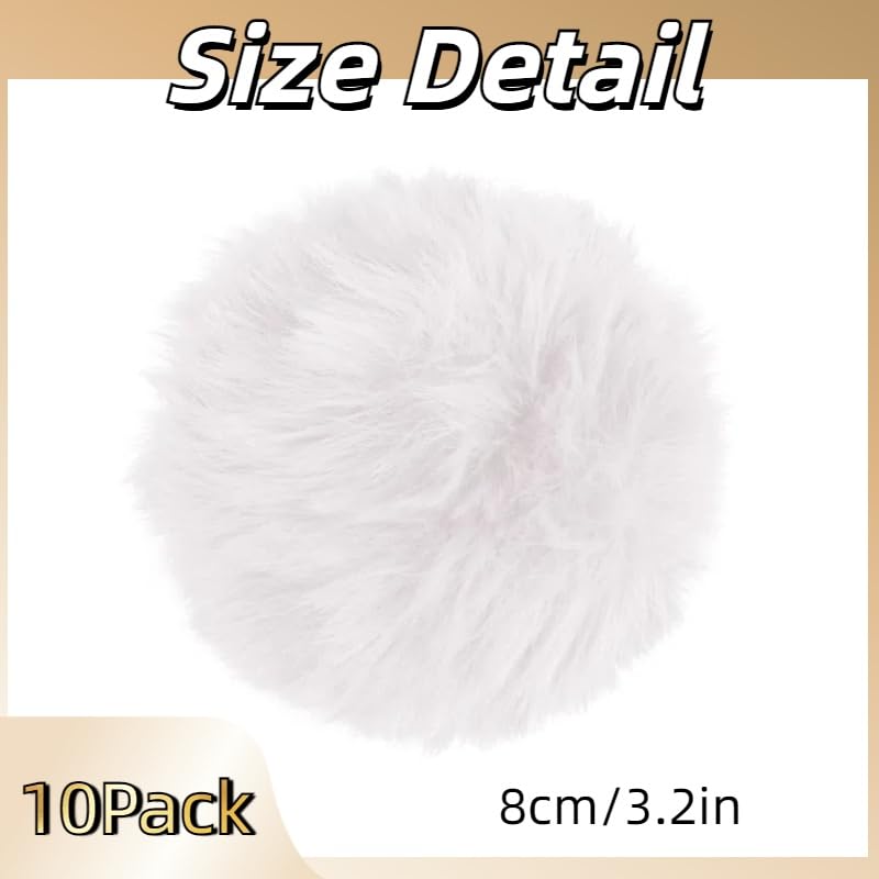 Image of 10Pcs White 3.2Inch Faux Fur Pom Poms for Hats with Elastic Loop DIY Crafts