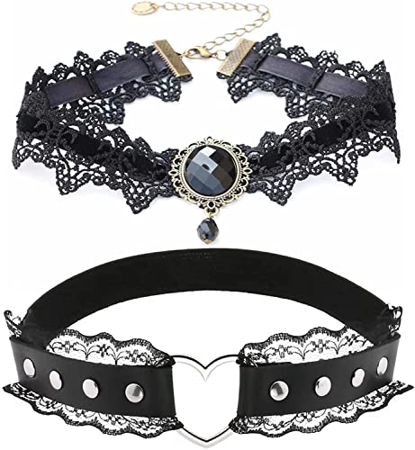 Halsketten für Frauen, Gothic Frauen Schwarzes Spitzenleder Strumpfband und Spitzenkragen,Punk Rock Style Metall Herzform Kragen mit Kristallanhänger Cover