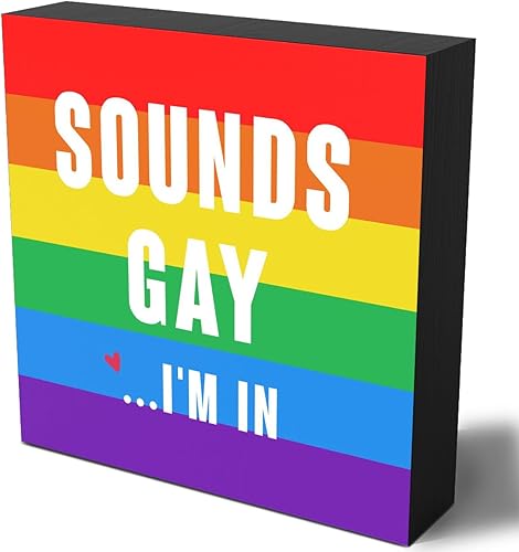 Cartel de madera con texto en inglés "Rainbow Pride", con texto en inglés "Gay I in Wood", diseño de caja de madera, decoración de escritorio para