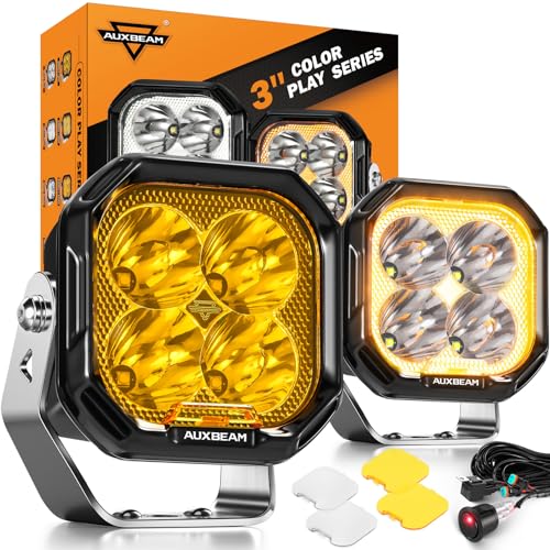 Image of Auxbeam Color Play Series 3 inch LED Pods Hyper Spot Beam Driving Lights 2-Pack | DRL & Turn Signal, Multi Function, Amber White Covers, 100W 11600LM, Cube Off-Road Lights, for SXS ATV UTV 4x4 Pickup Truck