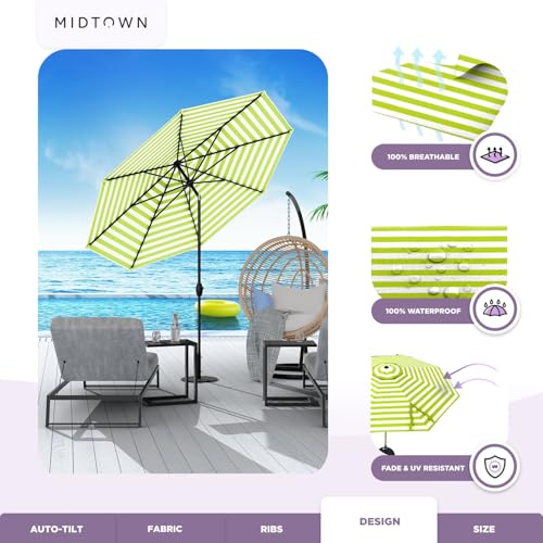Image of Midtown Umbrellas - 10-Year-No-Fade 9 Ft Patio Umbrella with Terylast Fabric, Auto-Tilt Aluminum Frame and 8 Reinforced Ribs for Deck, Pool, Garden & Beach - Green /White Stripes Canopy, Black Pole