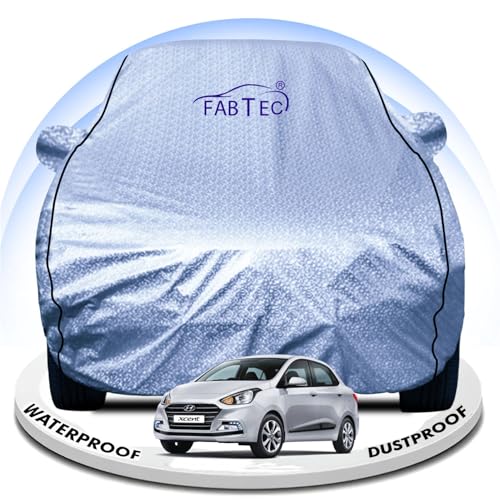 Image of FABTEC Metallic Silver Waterproof Car Body Cover for Hyundai Xcent Sun, UV and Dust Protection with Mirror Pocket (Reflective Silver with Black Piping)