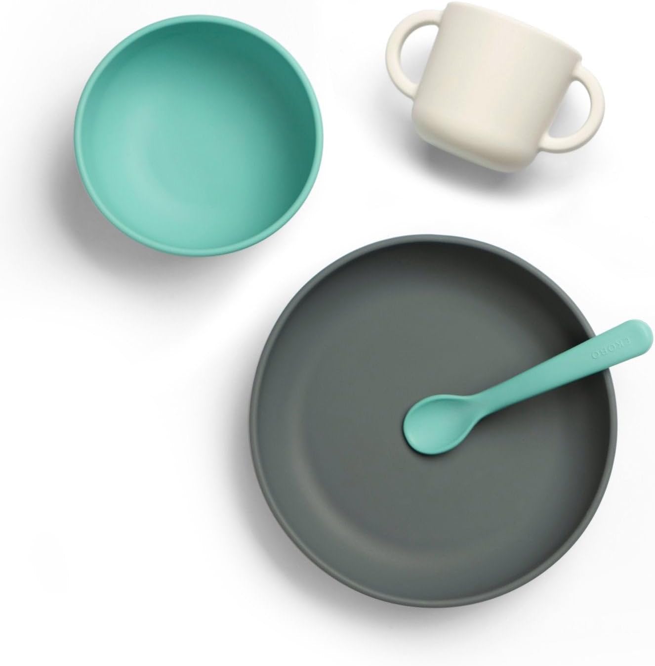 EKOBO Silicone Baby Meal Set – Lagoon, 4‑Piece Baby Feeding Essentials, Suction Toddler Plates and Bowls Set, Two‑Handle Cup, Soft‑Tip Spoon, Microwave, Oven & Freezer Safe, BPA‑Free