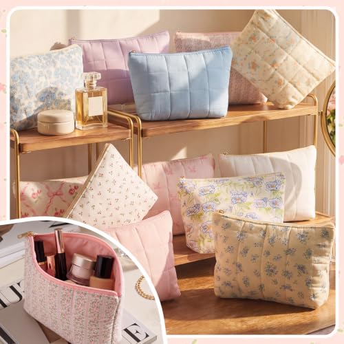 Qinyoung 12 Packs Quilted Makeup Bag Bulk 10.43 x 6.5 x 2.17 Inches Flower Toiletry Cosmetic Pouch Aesthetic Travel Makeup Organizer with Zipper for Bridesmaid Gifts, Daily Use (Farmhouse) — view 6