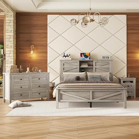 Farmhouse 3-Pieces Bedroom Sets, Queen Size Platform Bed with a Nightstand and 6-drawer Storage, Wood Platform Bed with Double Sliding Door Storage Headboard and Charging Station (Antique Gray-3) Cover