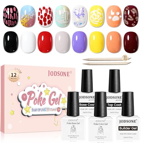 JODSONE Poke Gel Nail Polish Kit-8 Gel Polish Set includes Base Coat, TOP coat Woden Nail Stick lazy Manicure Set, suitable for home manicure, for drawing letters, grids, flower patterns