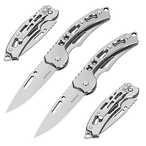 AuRiver 4 Cuchillos Navaja Plegable Pequeña, Navaja de Bolsillo, Navaja de Bolsillo con Cuchillo Plegable, Mini EDC Navaja de Dos Manos para Outdoor, Camping,Supervivencia (Plata)