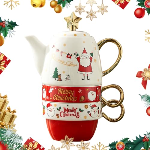 Teiera e Tazza Babbo Natale Teiera Ceramica Servizio Da Tè 3 Pezzi Squisita Confezione Regalo Caffè Tazze da The per Il tè Pomeridiano Della Festa di Natale (Babbo Natale)