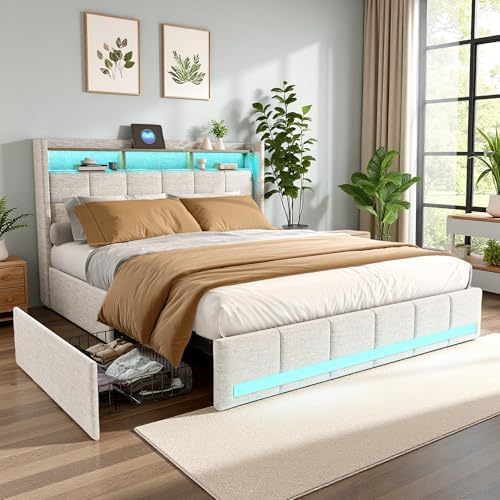 PerGar Cama Doble Tapizada 160 x 200 cm, Marco de Cama con Almace...