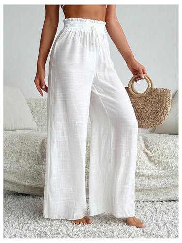 Women's Cover Up Beach Pants Sheer Mesh Drawstring Wide Leg High Waist Bikini Swimsuit Coverups4