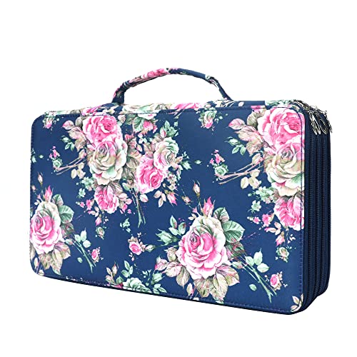 Image of Vomgomfom 300 Slots Marker Case 4-Layer PU Leather, Handle, Blue Rose