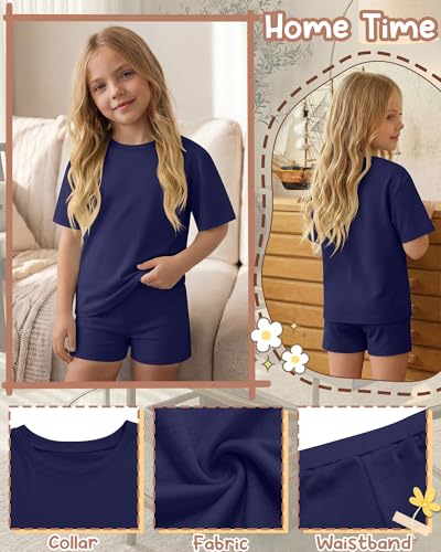 Image of Oakgarden Summer Outfits for Girls 5-14Y Athletic Casual Sets Kid Short Sleeve Shirt Bike Shorts 2 Piece Tween Trendy Clothes