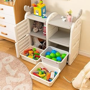   Costzon-Kids-Toy-Storage-Organizer-with-Bins-Multipurpose-Bookshelf-and-Toy-Chest-with-Antler-Top-Enclosed-Cabinets-Pull-Out-Drawers-Toddler-Storage-Cabinet-for-Kids-Room-Playroom-Nursery