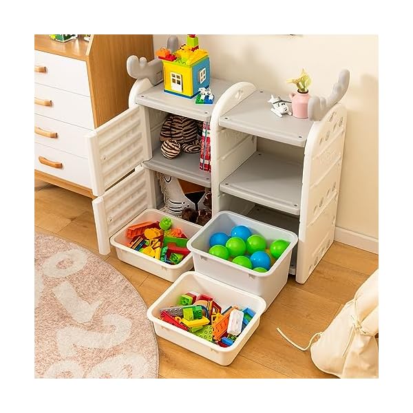  Costzon-Kids-Toy-Storage-Organizer-with-Bins-Multipurpose-Bookshelf-and-Toy-Chest-with-Antler-Top-Enclosed-Cabinets-Pull-Out-Drawers-Toddler-Storage-Cabinet-for-Kids-Room-Playroom-Nursery