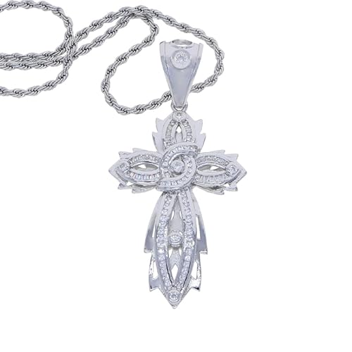 ATJMLADY Iced Out Thorn Eyes Shape Flower Cross Pendant Bling CZ Cool Punk Style Jewelry for Hip Hop Men Necklace (silver)
