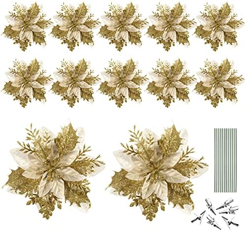 TOYANDONA 12 Pieces Christmas Glitter Poinsettia Artificial Flowers Flowers Decorations with Clips and Stems Glitter Christmas Tree Poinsettia Decorations for Xmas Wedding New Year Party (Gold)